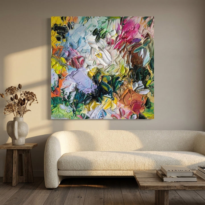 Stretched canvas wall art styled on the wall in a luxe living room