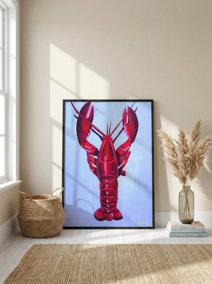 Oversized statement modern wall art print leaning against the wall in a coastal dining room