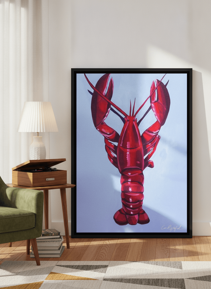 Canvas wall art with a black surround leaning against the wall in a mid-century living room
