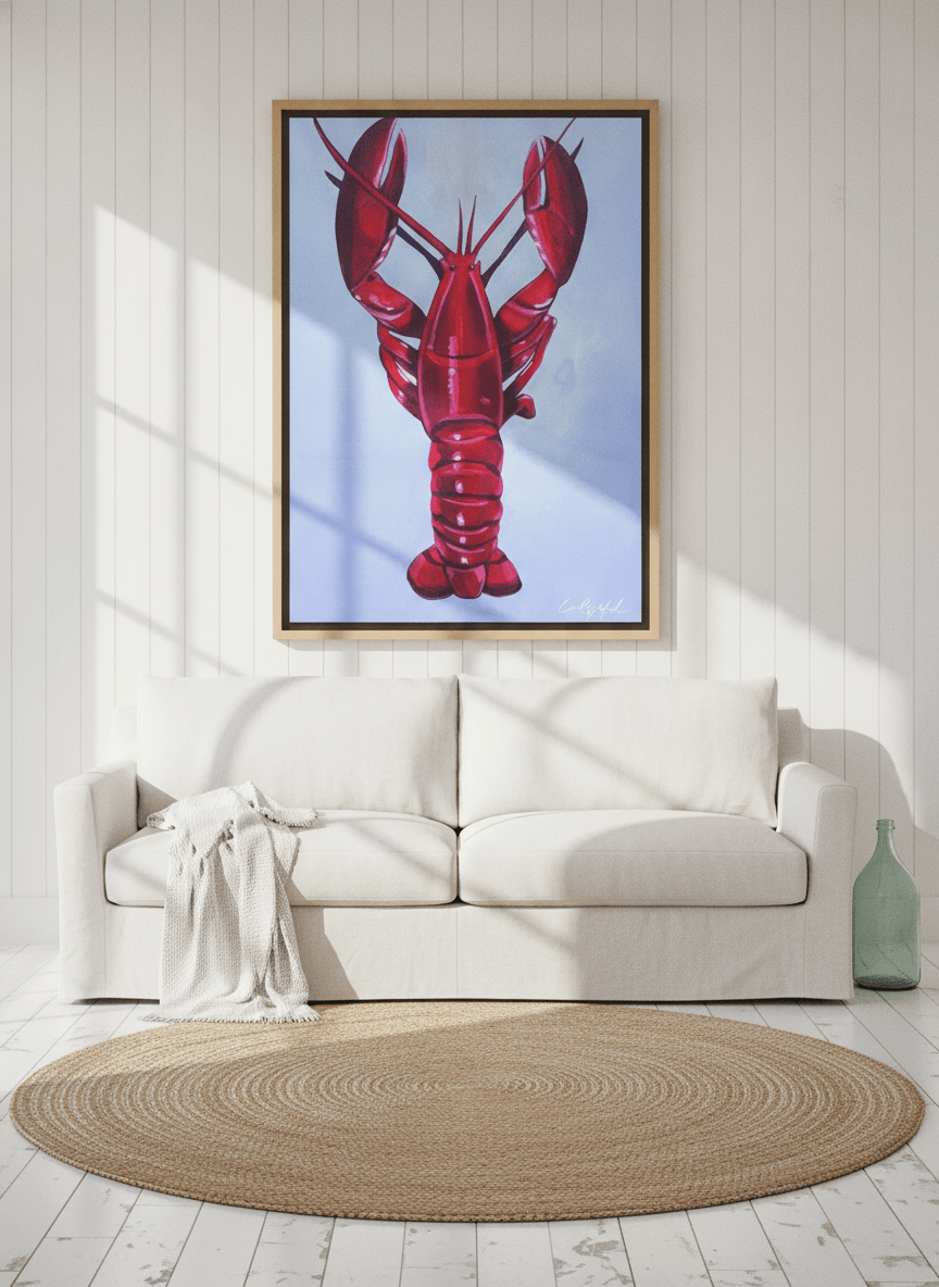 Oversized statement canvas wall art with a natural timber surround styled on the wall in a coastal living room