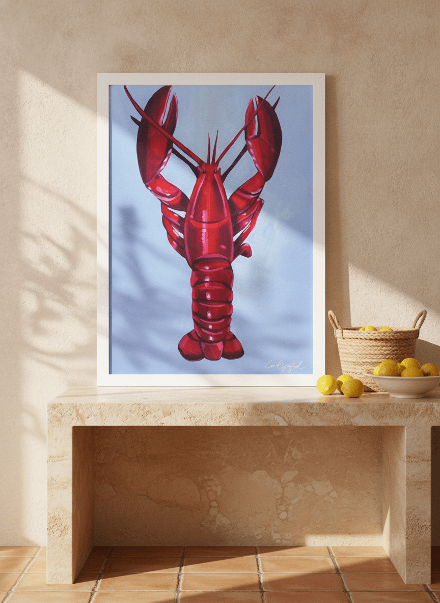 Modern wall art print standing on a kitchen bench in a Mediterranean kitchen