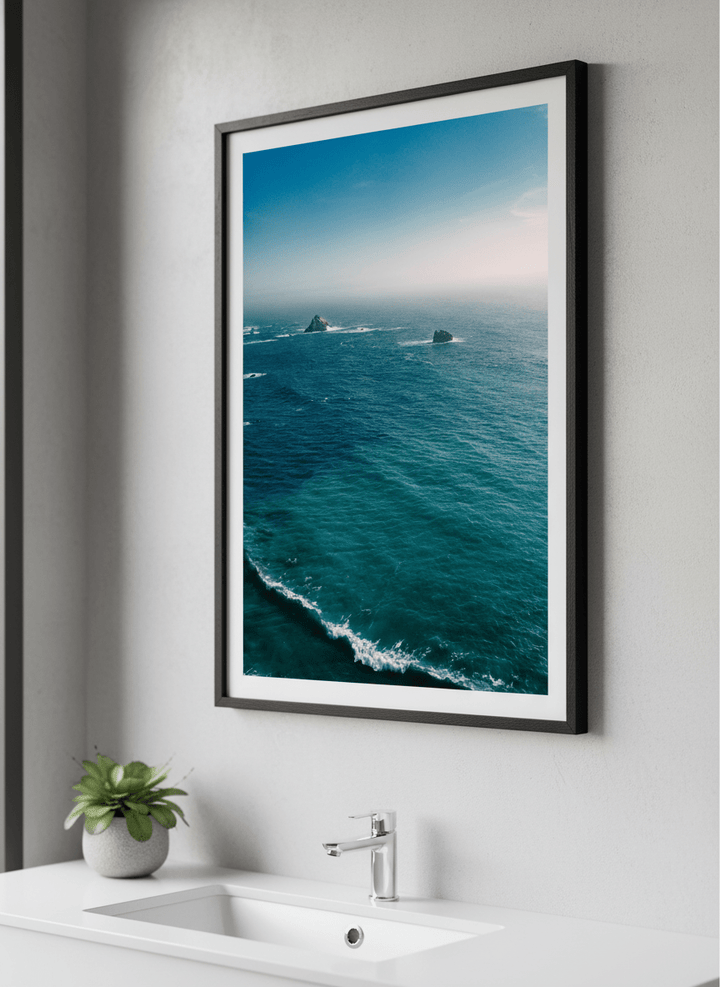 Modern print displayed in a clean minimalist bathroom setting