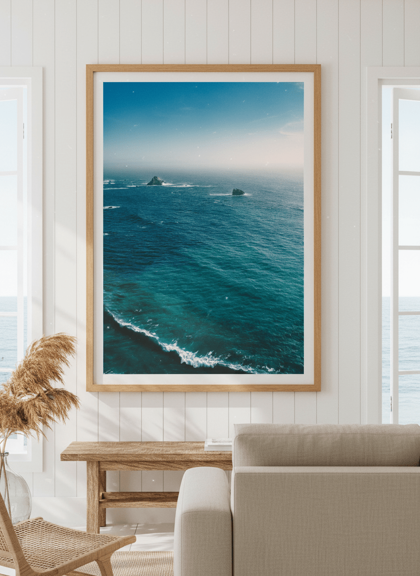 Neutral wall art displayed in a sunny coastal beach house