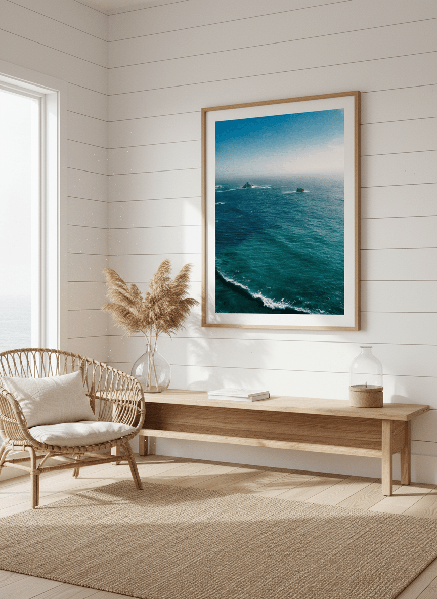 Neutral wall art displayed in a sunny coastal beach house
