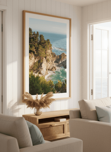 Neutral wall art displayed in a sunny coastal beach house