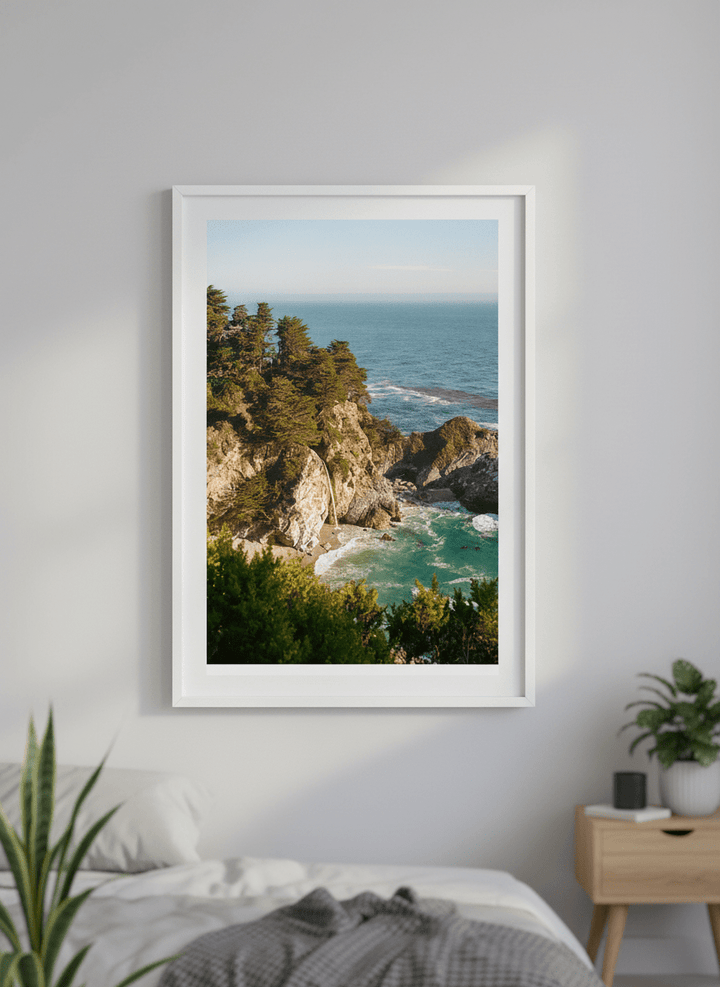 Minimalist artwork displayed in a calm, light-filled bedroom interior