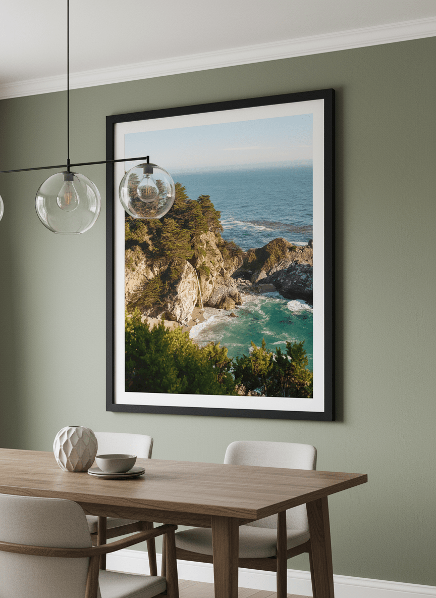 Wall art styled above a dining table in a contemporary home