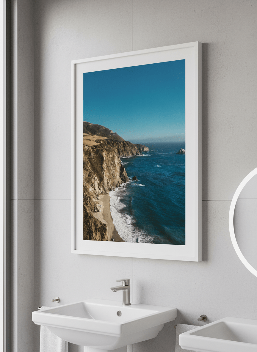 Modern print displayed in a clean minimalist bathroom setting