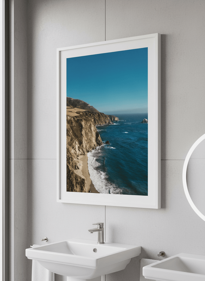 Modern print displayed in a clean minimalist bathroom setting
