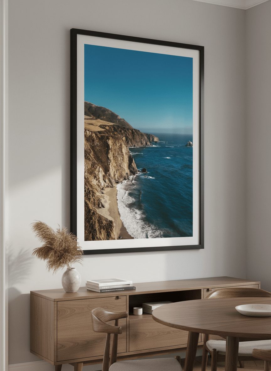 Wall art styled above a dining table in a contemporary home