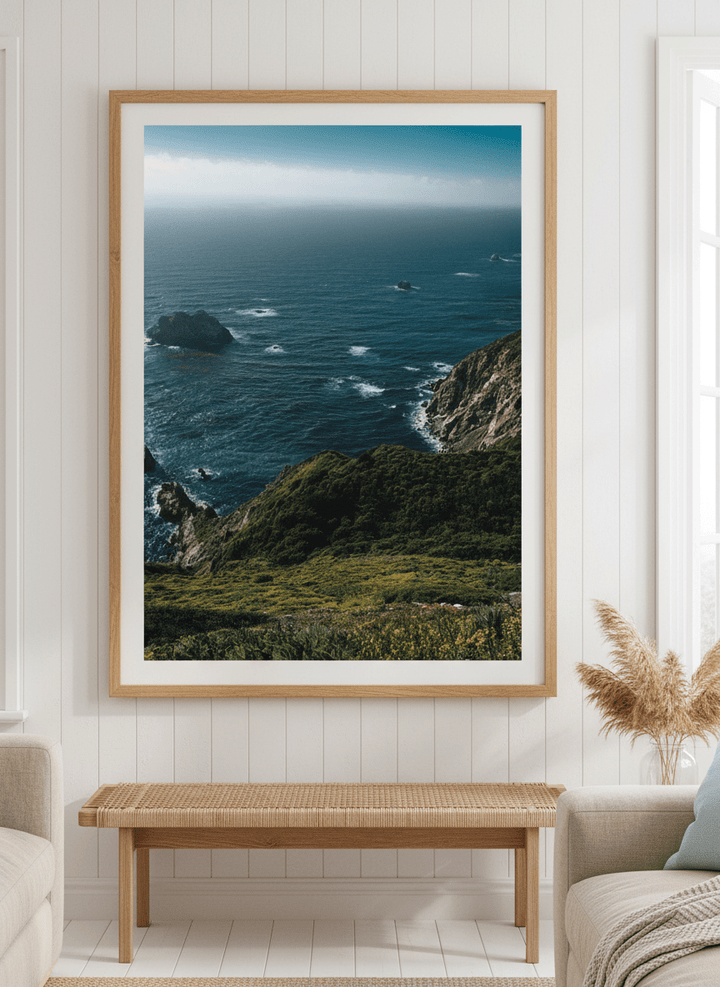 Neutral wall art displayed in a sunny coastal beach house