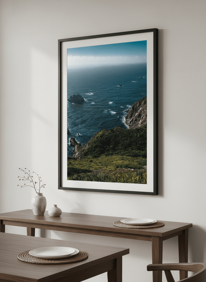 Wall art styled above a dining table in a contemporary home