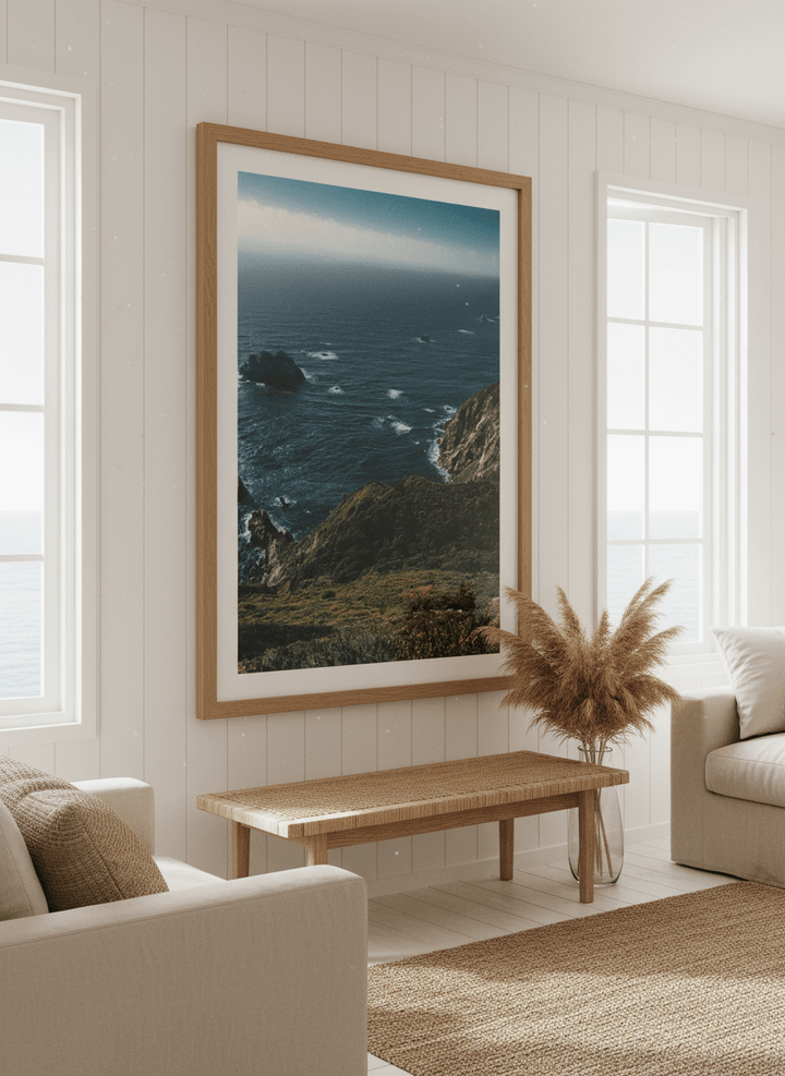 Neutral wall art displayed in a sunny coastal beach house