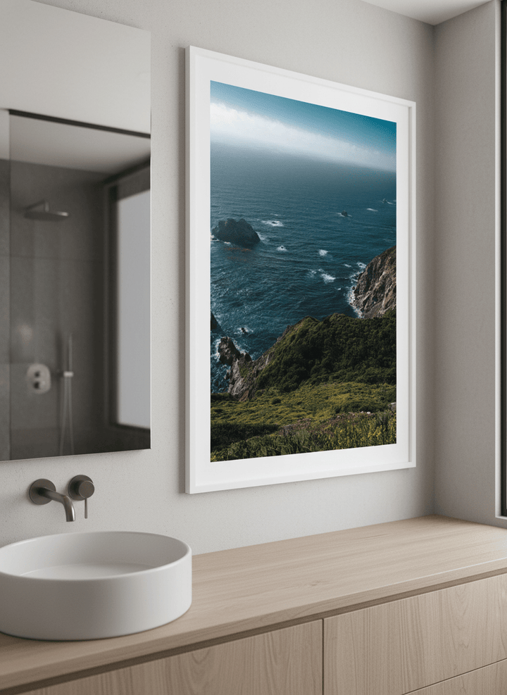 Modern print displayed in a clean minimalist bathroom setting