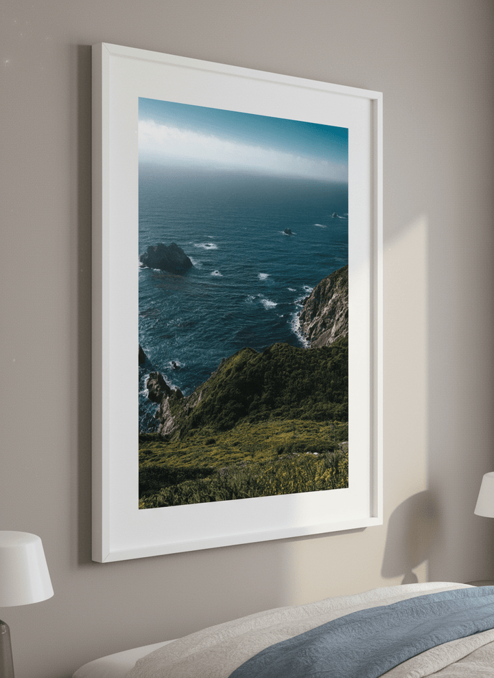 Minimalist artwork displayed in a calm, light-filled bedroom interior