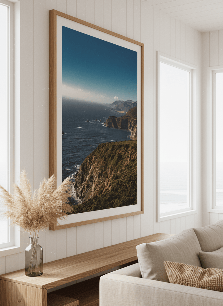 Neutral wall art displayed in a sunny coastal beach house