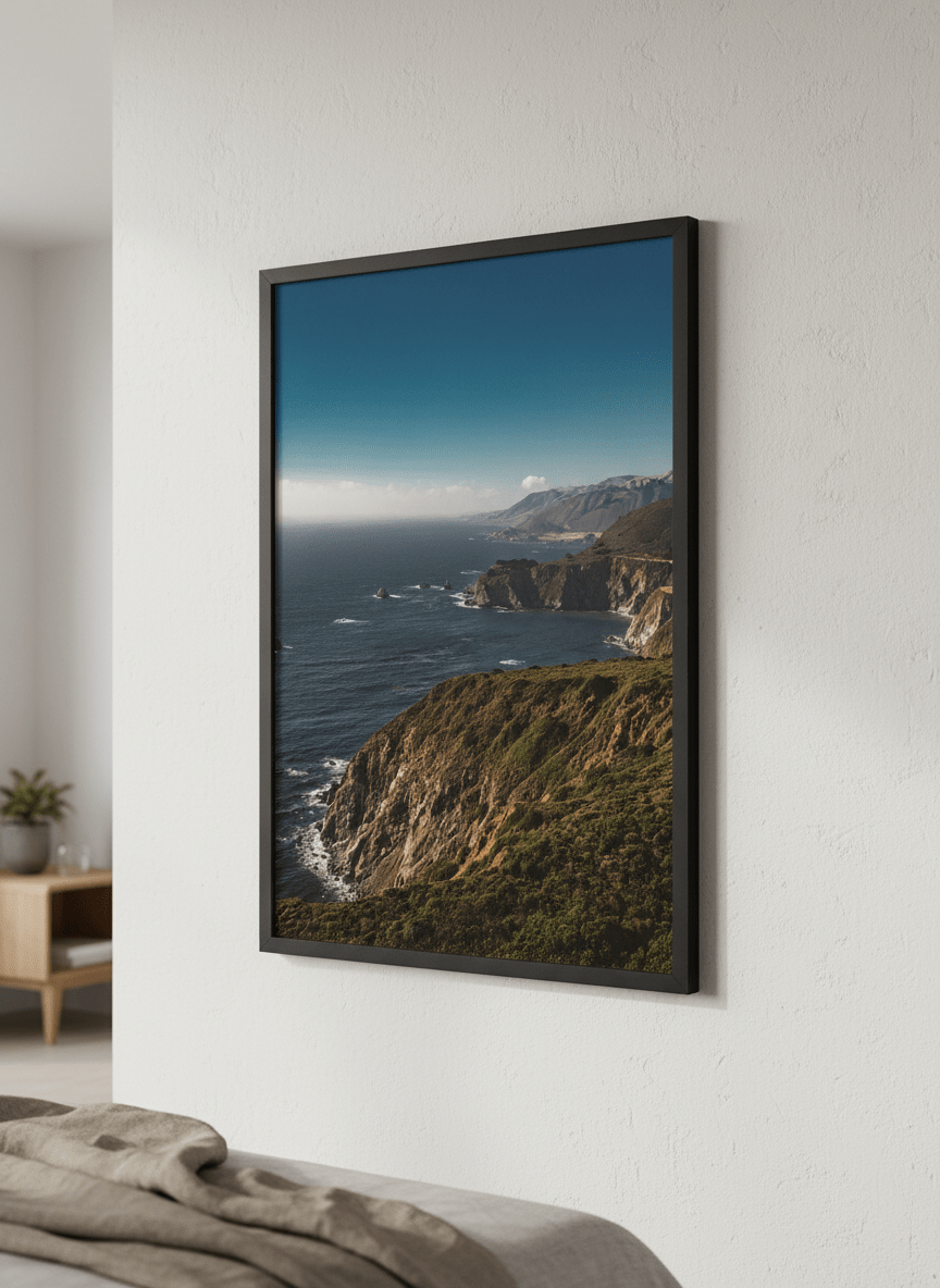 Minimalist artwork displayed in a calm, light-filled bedroom interior