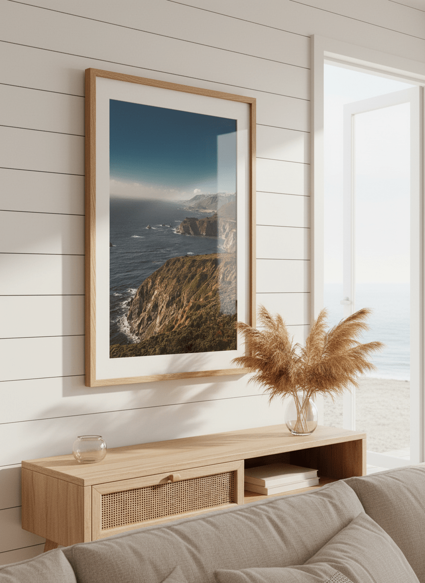 Neutral wall art displayed in a sunny coastal beach house