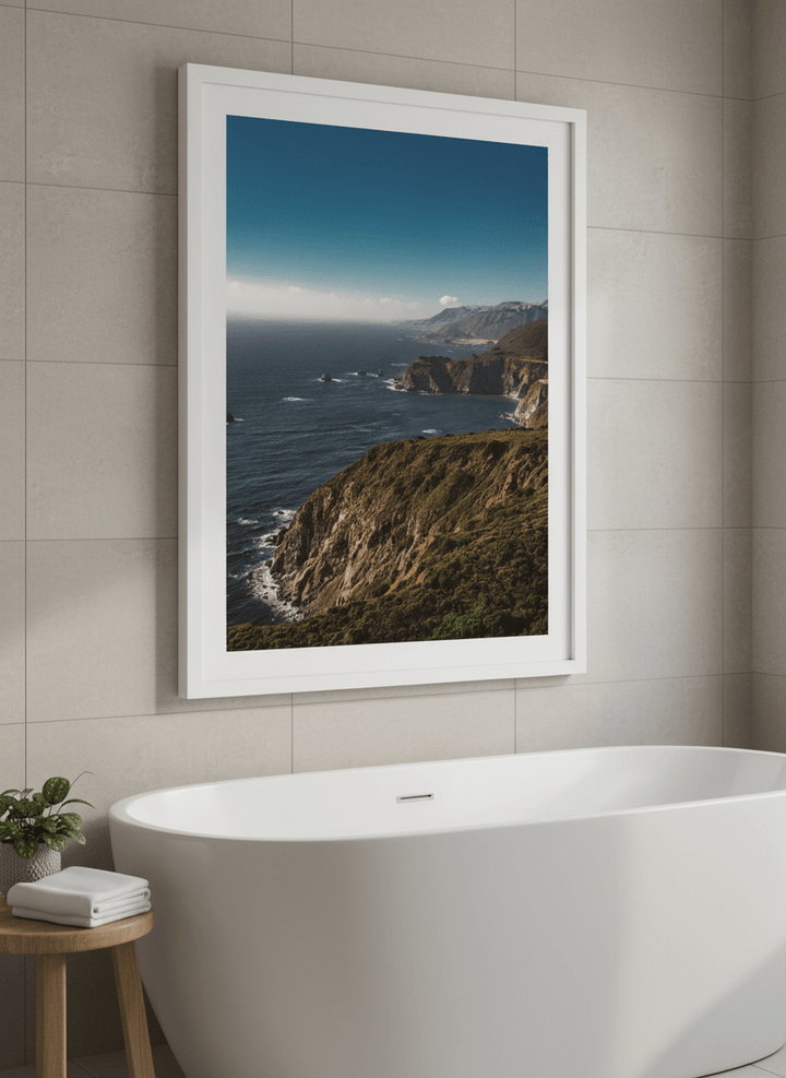 Modern print displayed in a clean minimalist bathroom setting