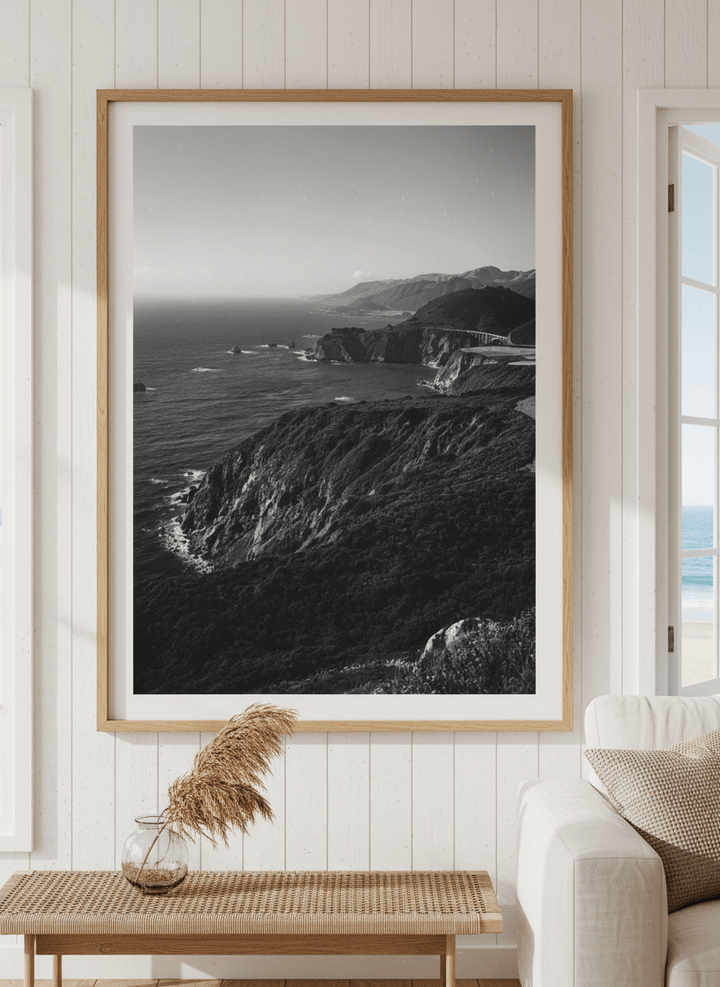 Neutral wall art displayed in a sunny coastal beach house