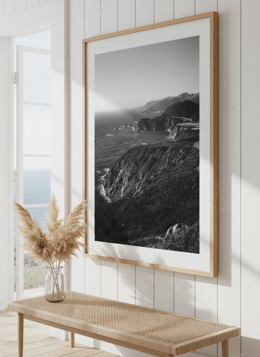 Neutral wall art displayed in a sunny coastal beach house
