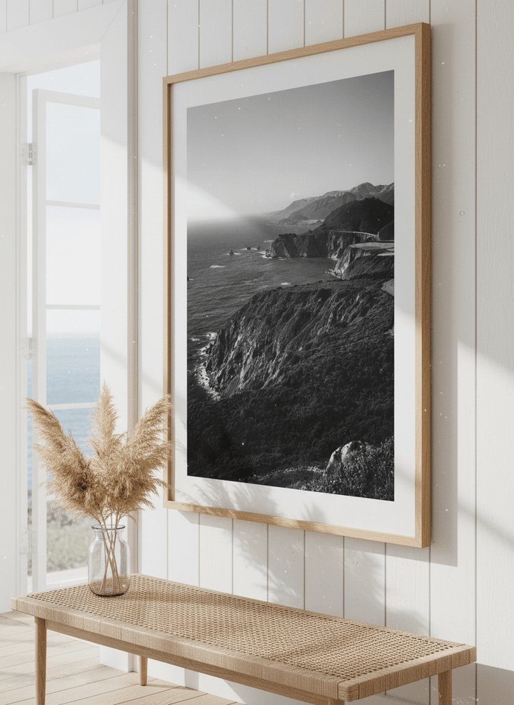Neutral wall art displayed in a sunny coastal beach house