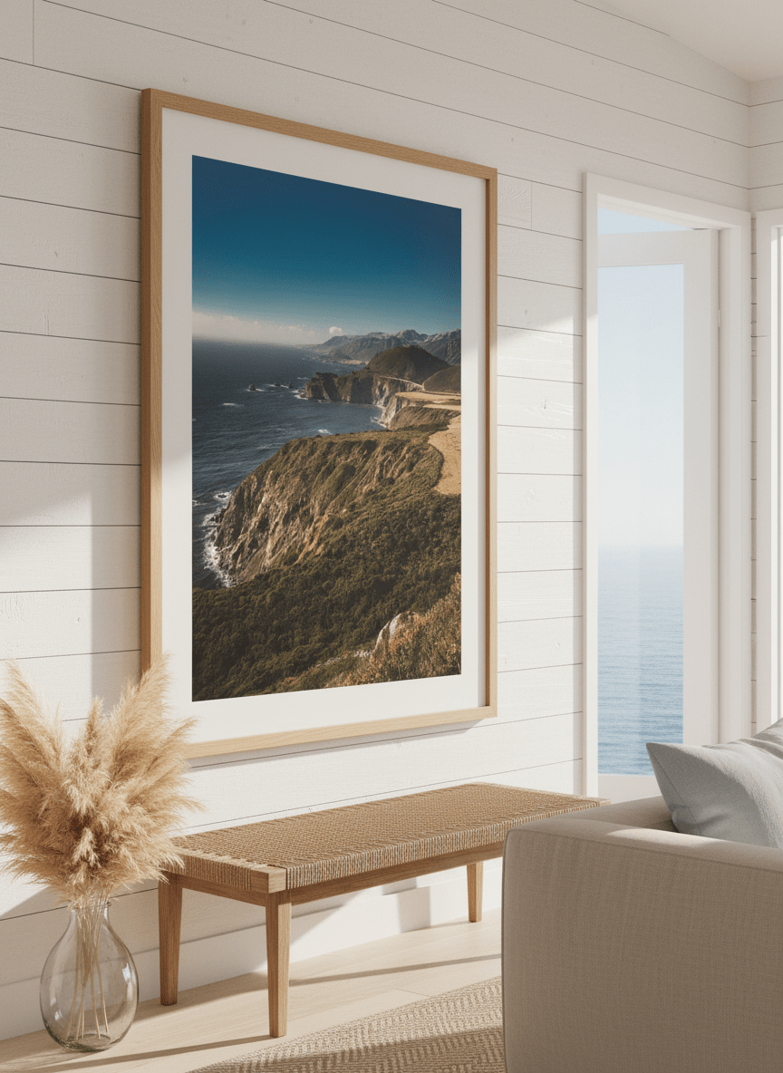 Neutral wall art displayed in a sunny coastal beach house