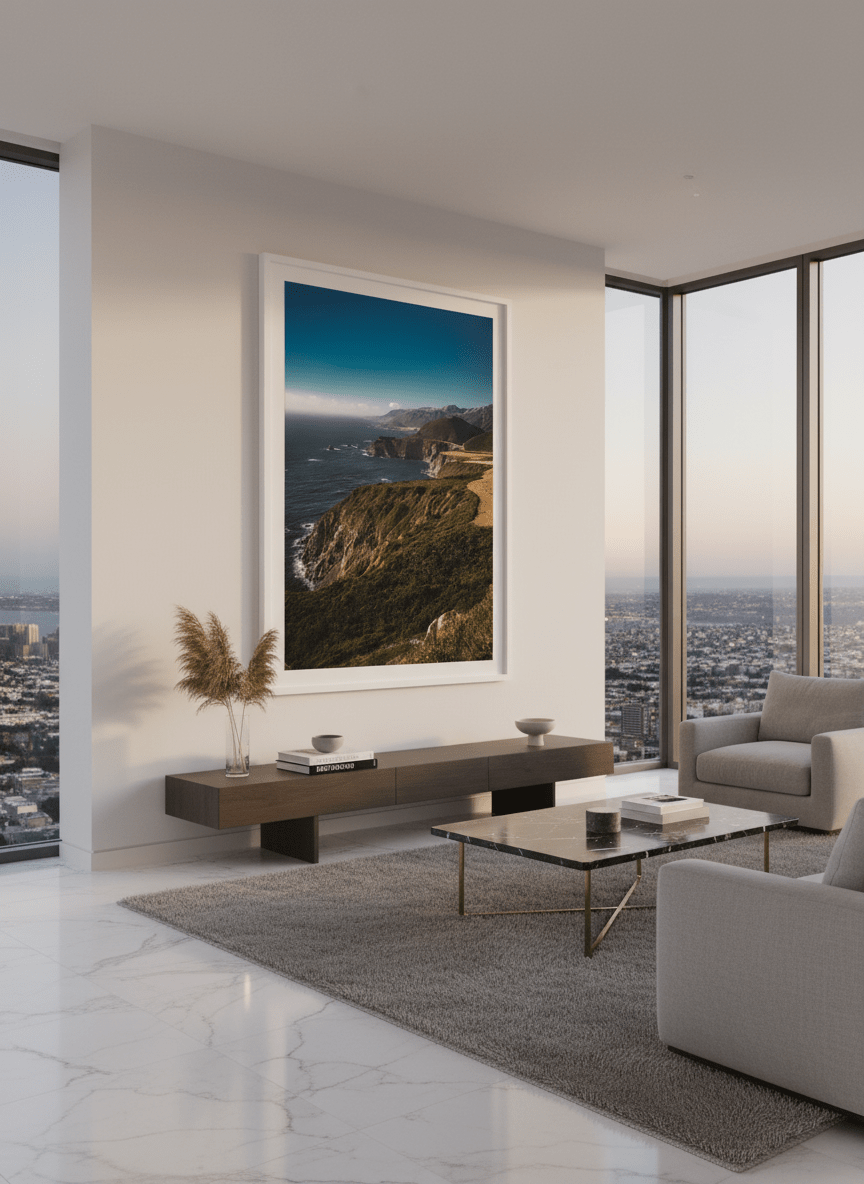 Monumental artwork centred on a feature wall in a luxe interior