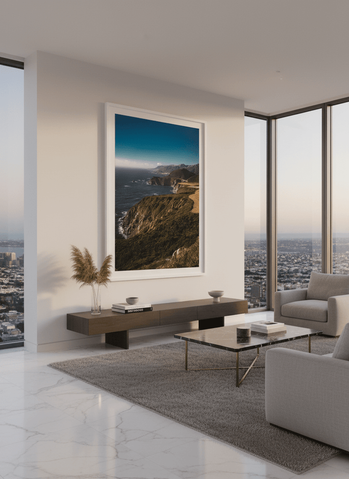Monumental artwork centred on a feature wall in a luxe interior