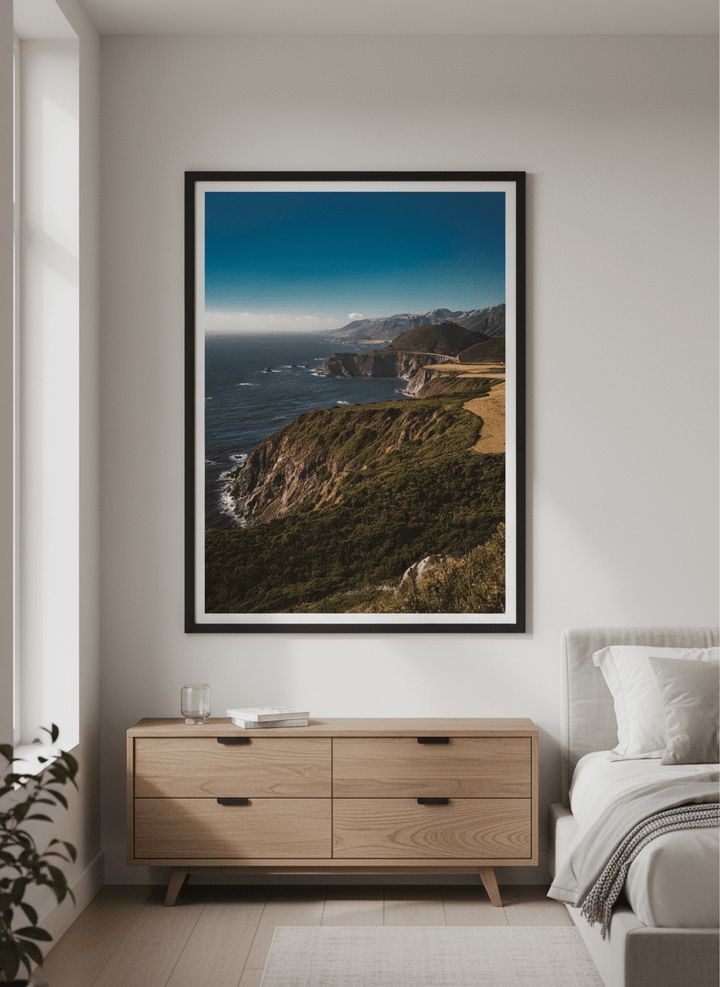 Minimalist artwork displayed in a calm, light-filled bedroom interior