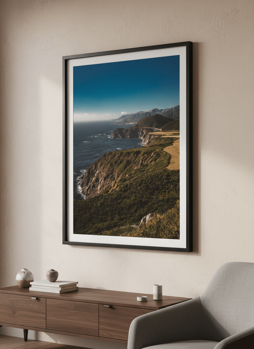 Modern wall art styled above a sofa in a neutral living room
