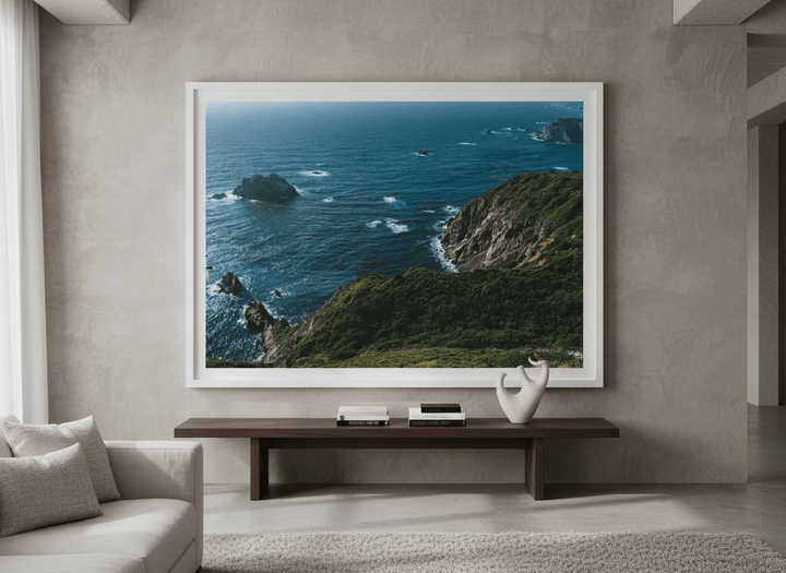 Monumental artwork centred on a feature wall in a luxe interior