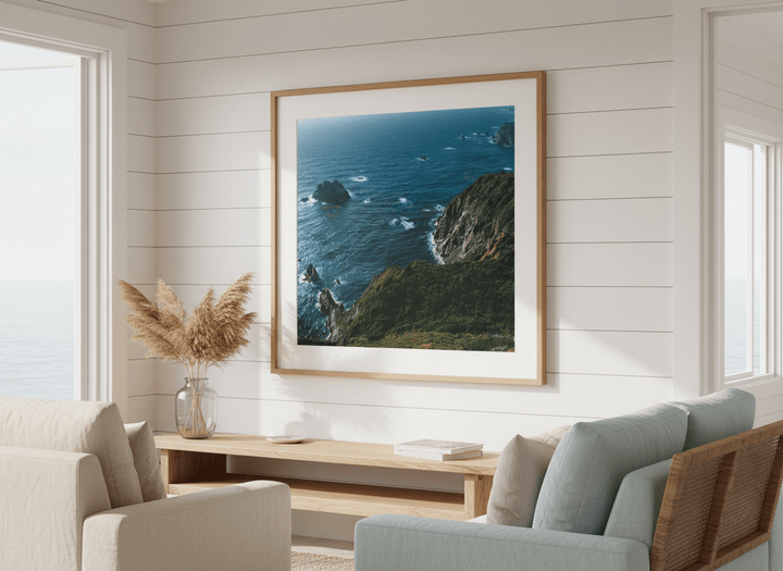 Neutral wall art displayed in a sunny coastal beach house
