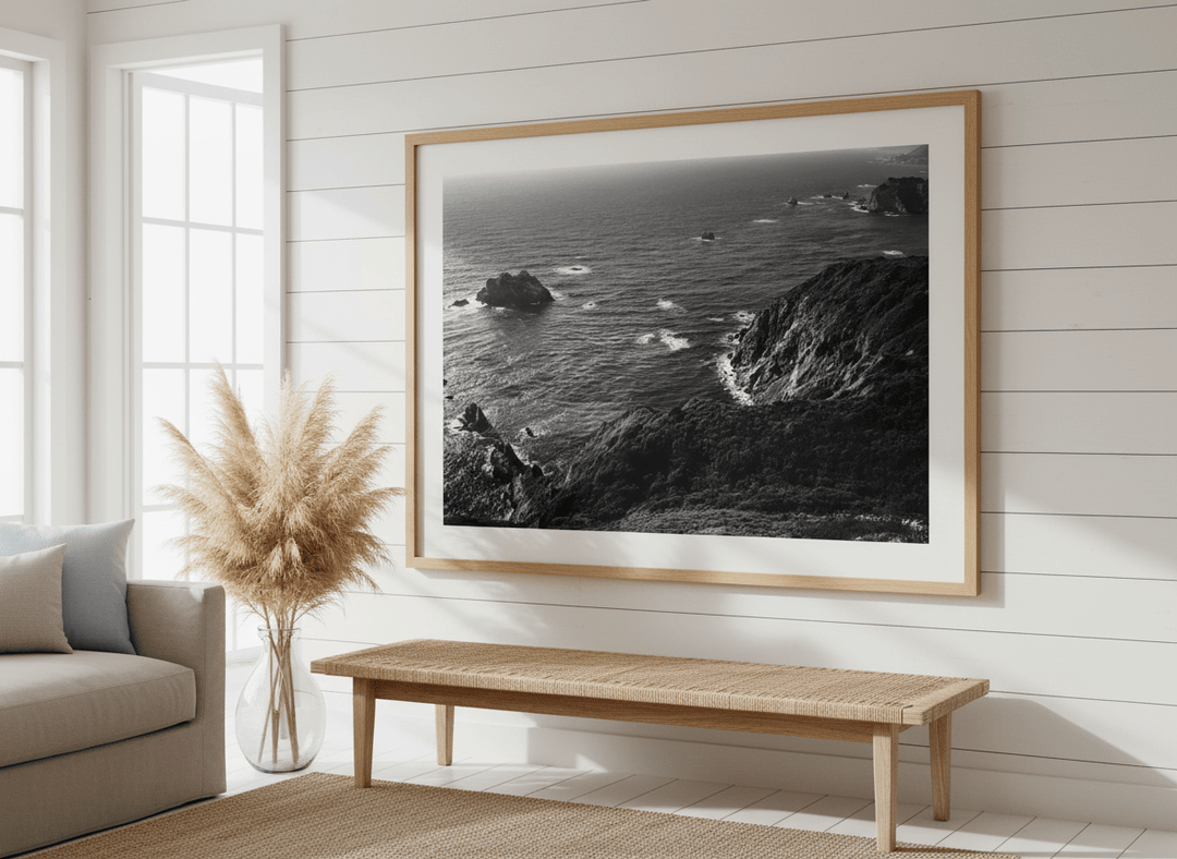 Neutral wall art displayed in a sunny coastal beach house