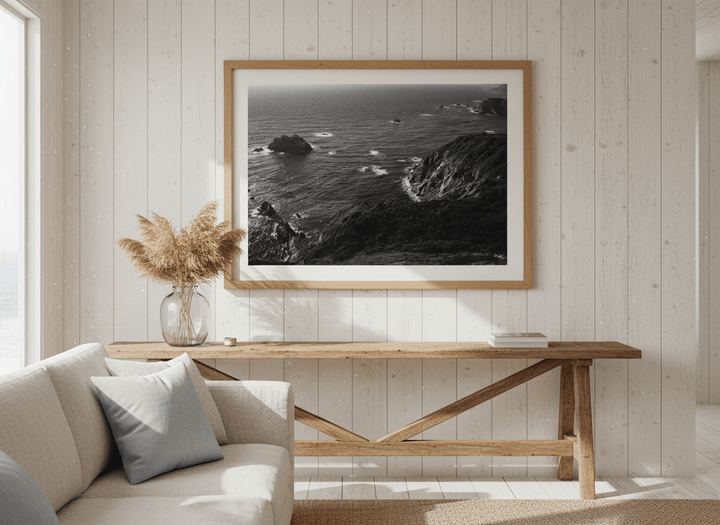Neutral wall art displayed in a sunny coastal beach house