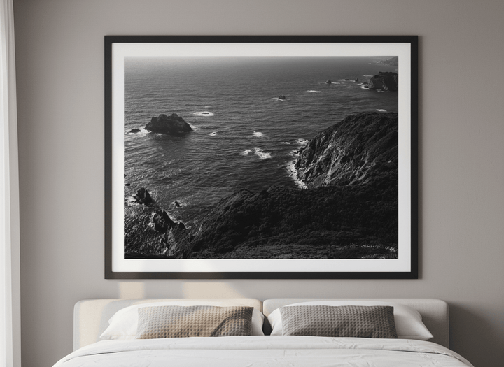 Minimalist artwork displayed in a calm, light-filled bedroom interior