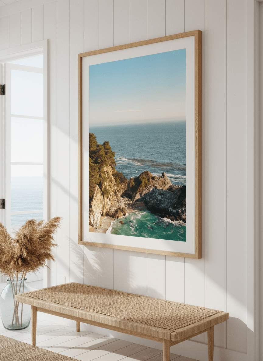 Neutral wall art displayed in a sunny coastal beach house