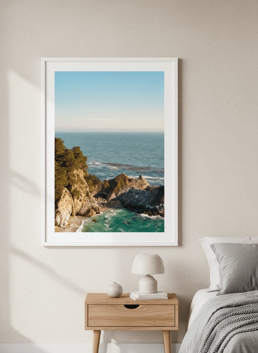 Minimalist artwork displayed in a calm, light-filled bedroom interior