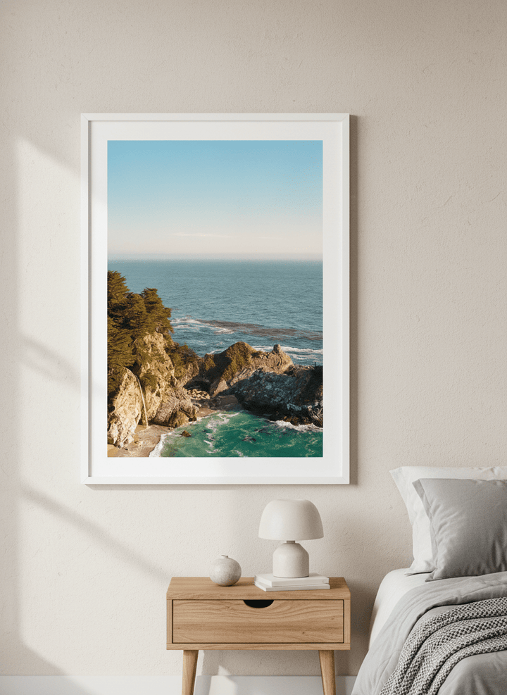 Minimalist artwork displayed in a calm, light-filled bedroom interior