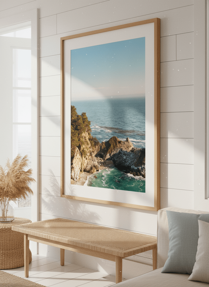 Neutral wall art displayed in a sunny coastal beach house