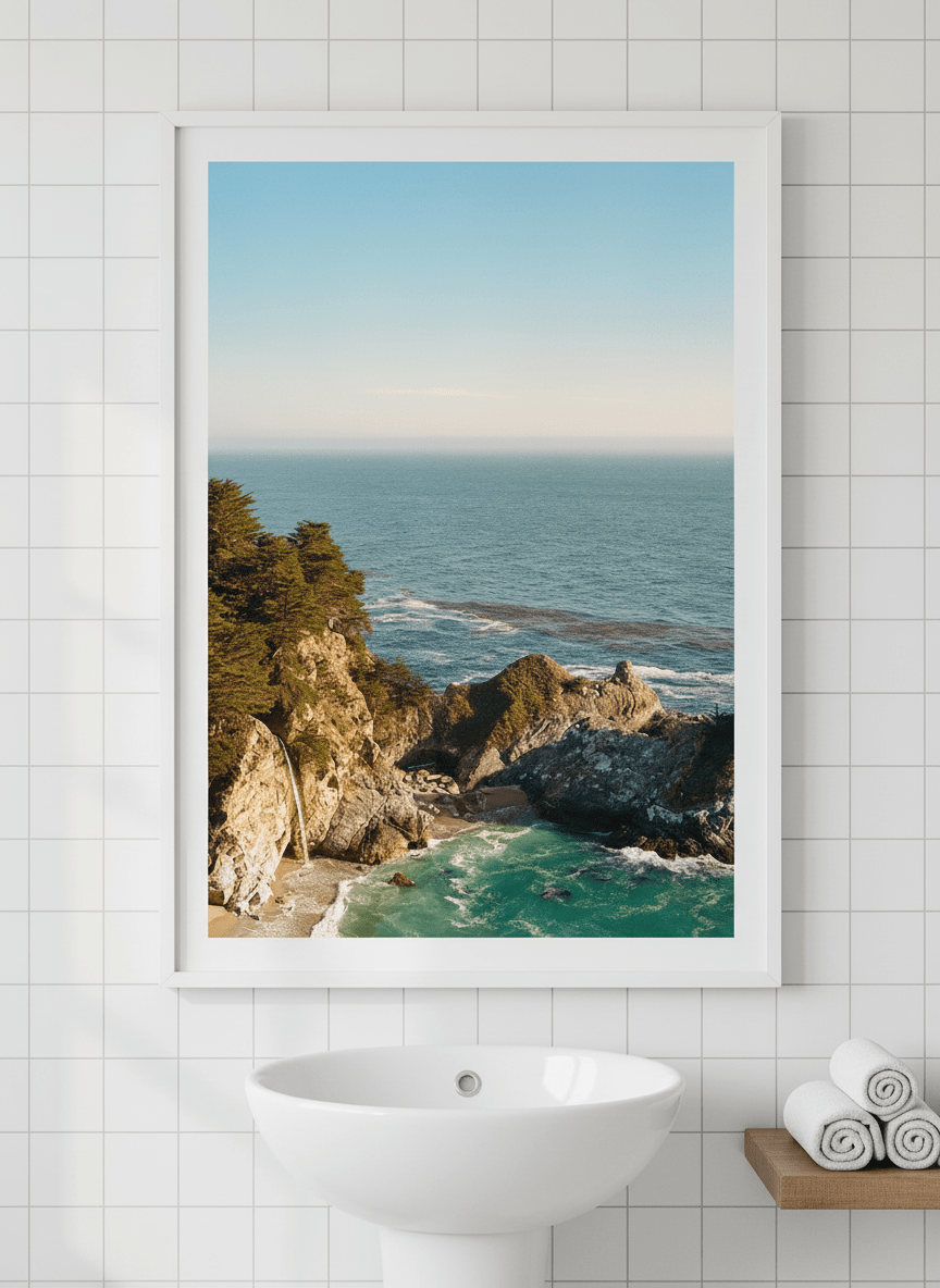 Modern print displayed in a clean minimalist bathroom setting