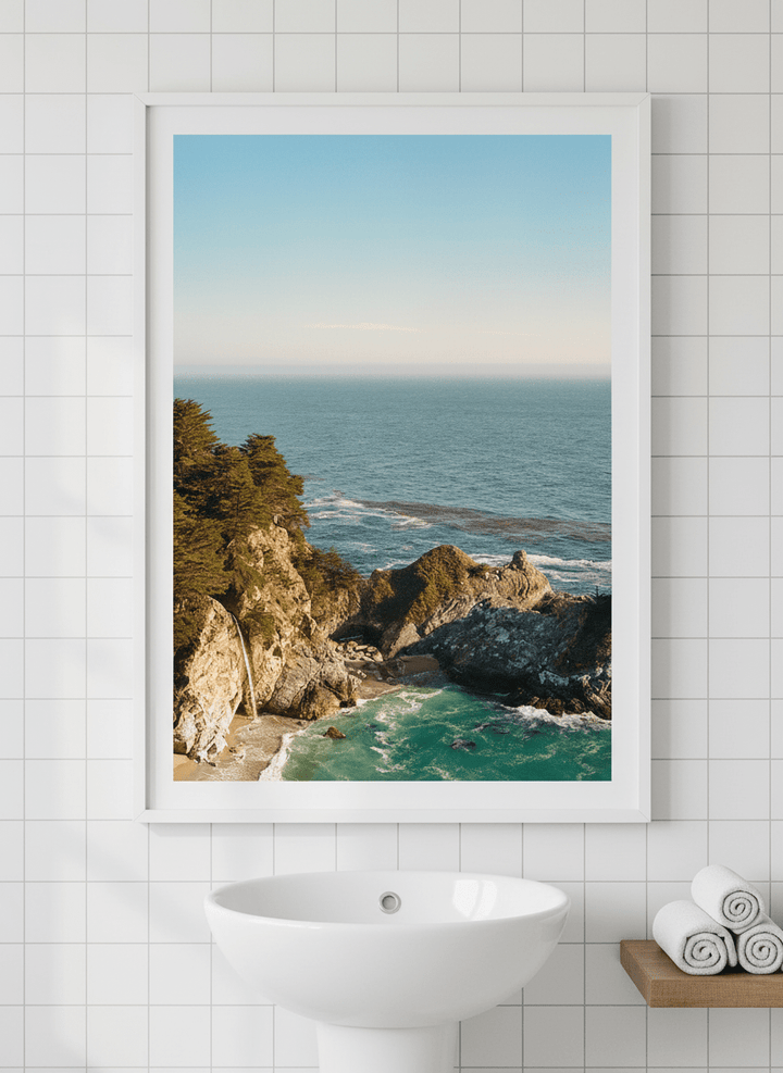 Modern print displayed in a clean minimalist bathroom setting