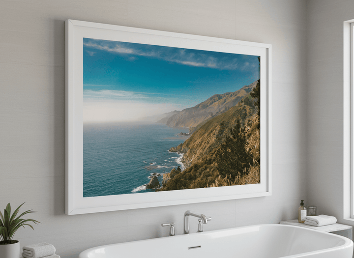 Modern print displayed in a clean minimalist bathroom setting