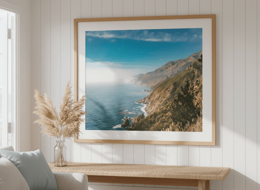 Neutral wall art displayed in a sunny coastal beach house