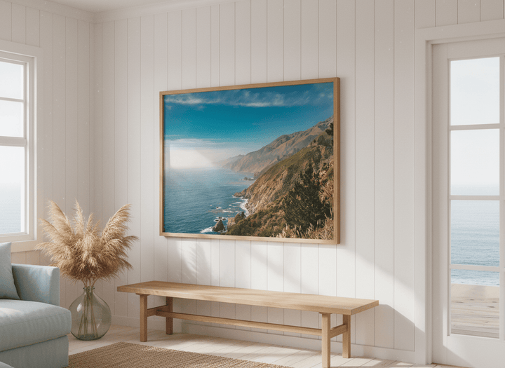 Neutral wall art displayed in a sunny coastal beach house