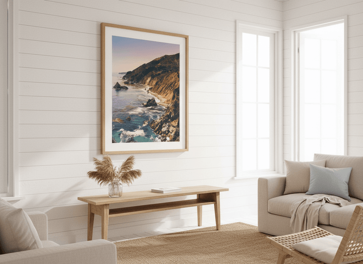 Neutral wall art displayed in a sunny coastal beach house