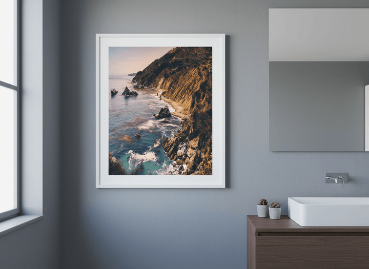 Modern print displayed in a clean minimalist bathroom setting