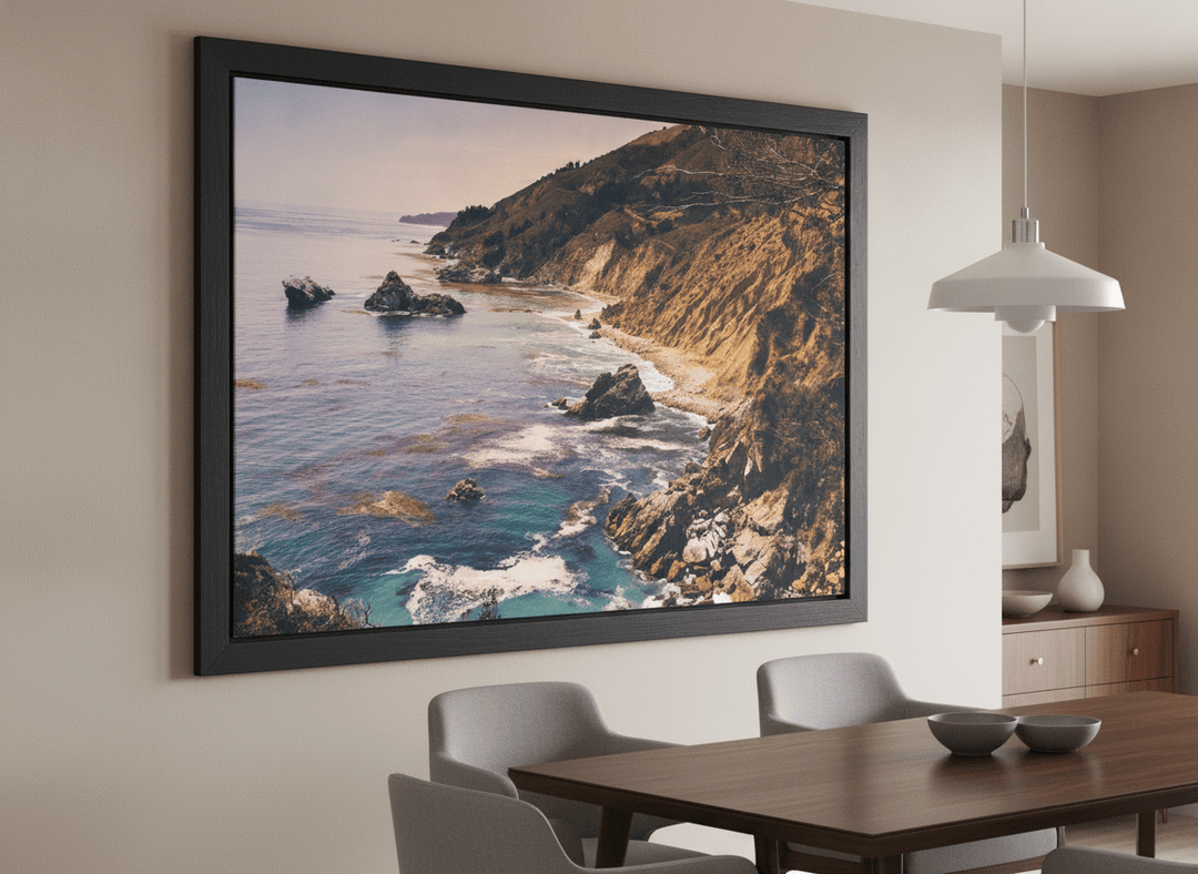 Wall art styled above a dining table in a contemporary home