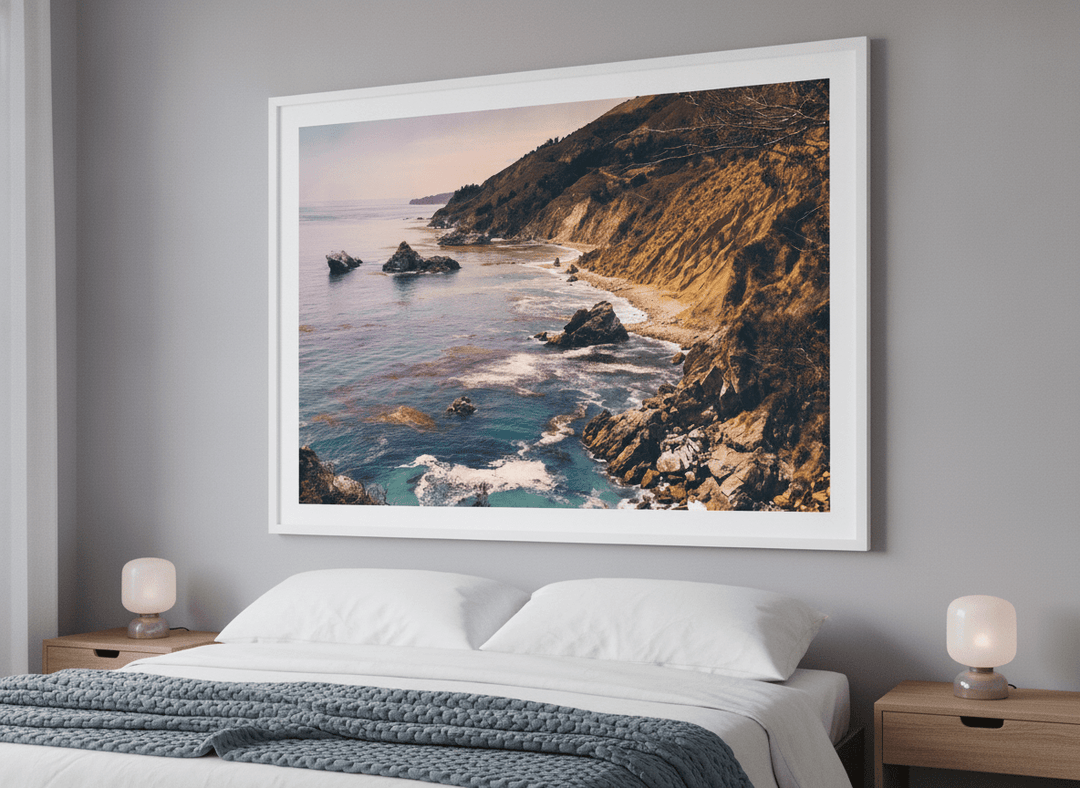 Minimalist artwork displayed in a calm, light-filled bedroom interior