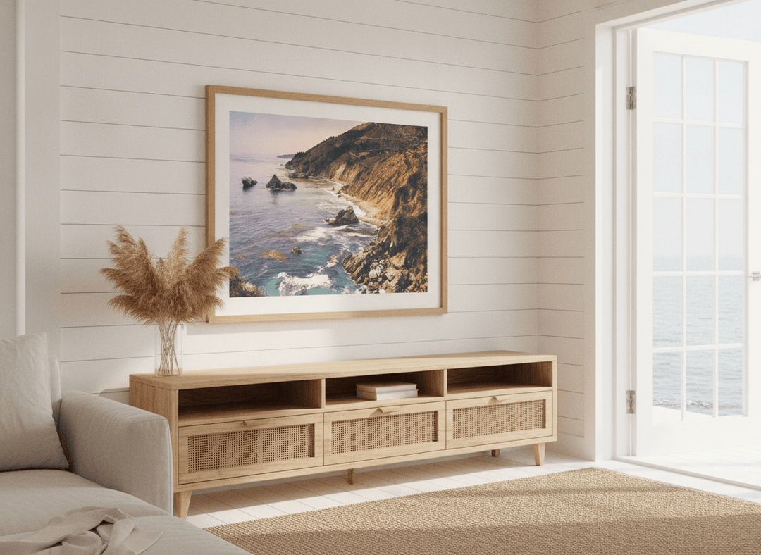 Neutral wall art displayed in a sunny coastal beach house